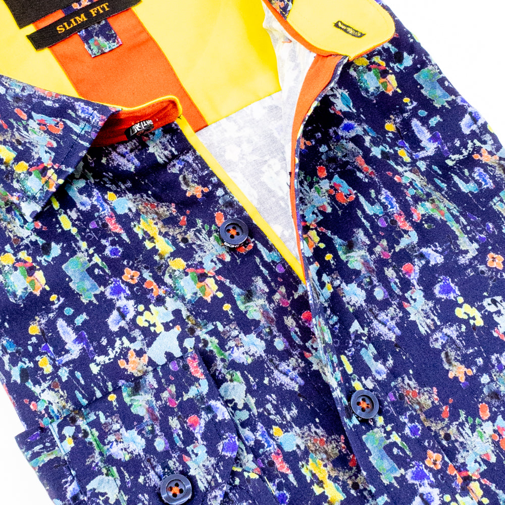 Detail of multi-colored abstract print and yellow trim.