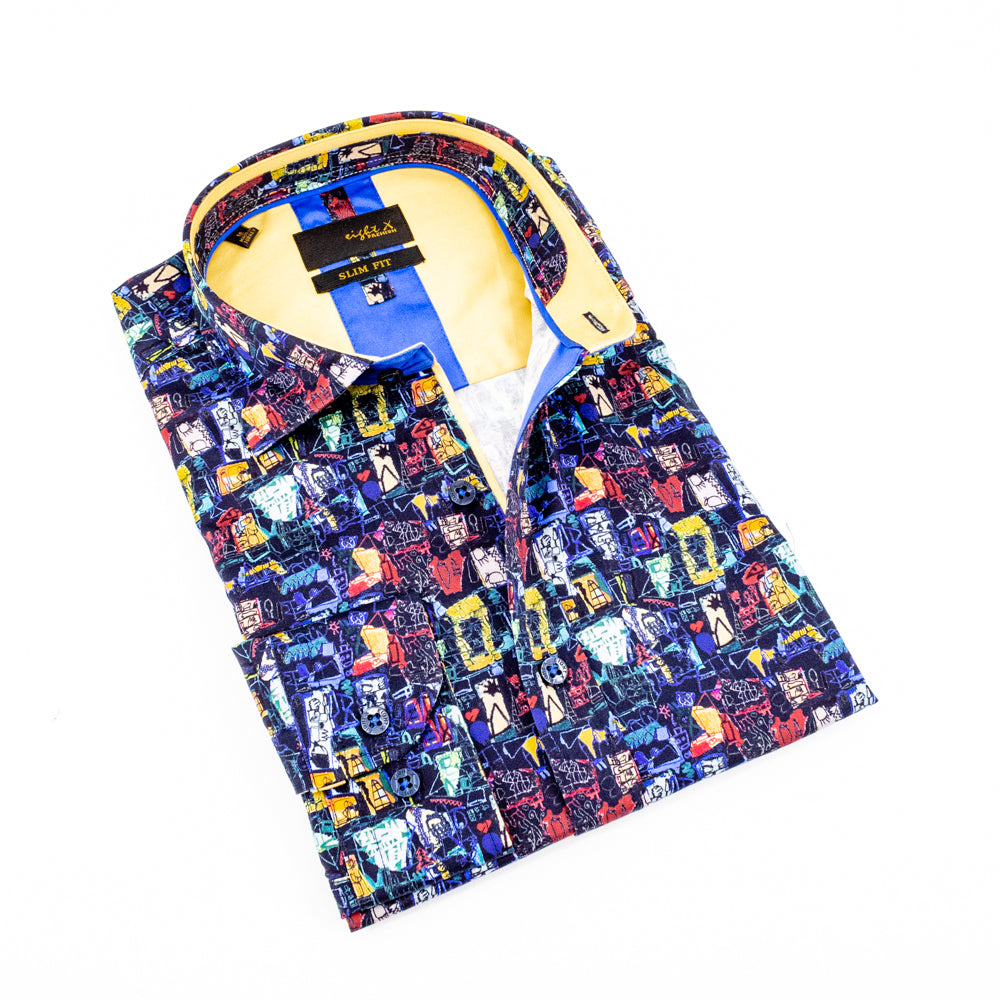 Folded navy button up with abstract digital print and mustard colored front-yoke and trim.
