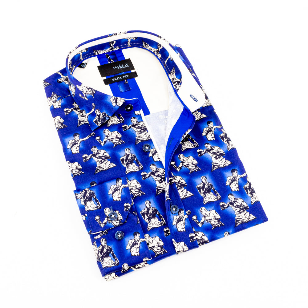 Royal-blue button up with digital print of boxing men. Features cream trim.