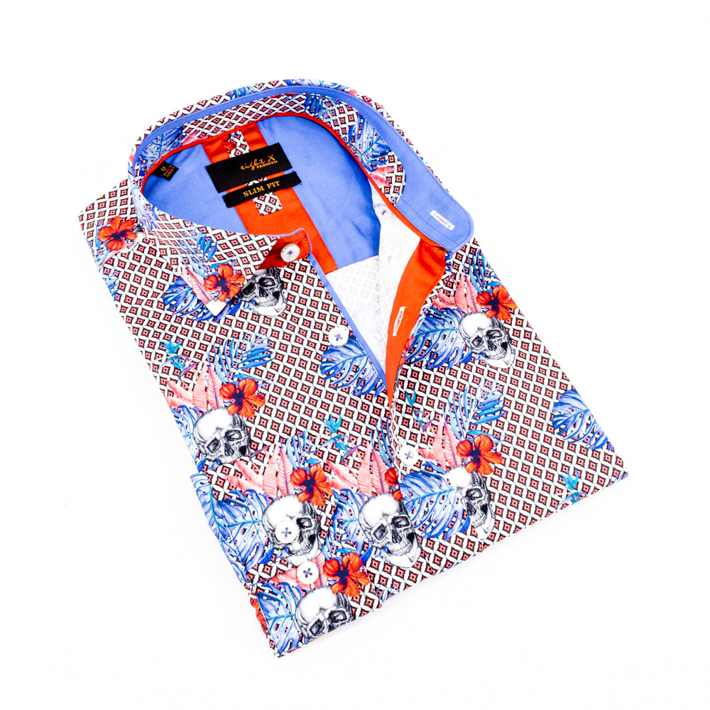 Folded diamond button-up with floral and skull overlay and blue trim.