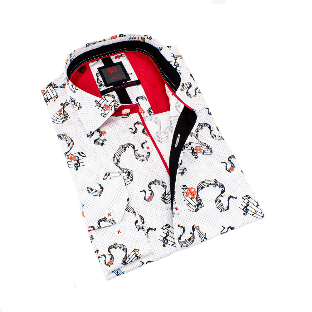 white button down shirt with musical print