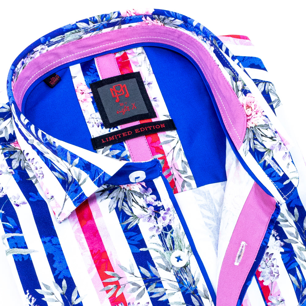 Closeup of blue and pink button down shirt