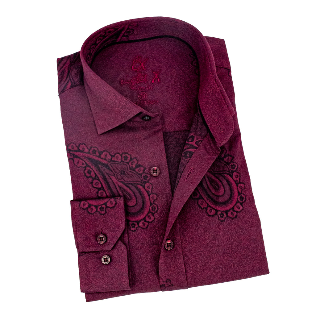 Big Paisley Jacquard Button Down Shirt - Burgundy Long Sleeve Button Down EightX RED S 