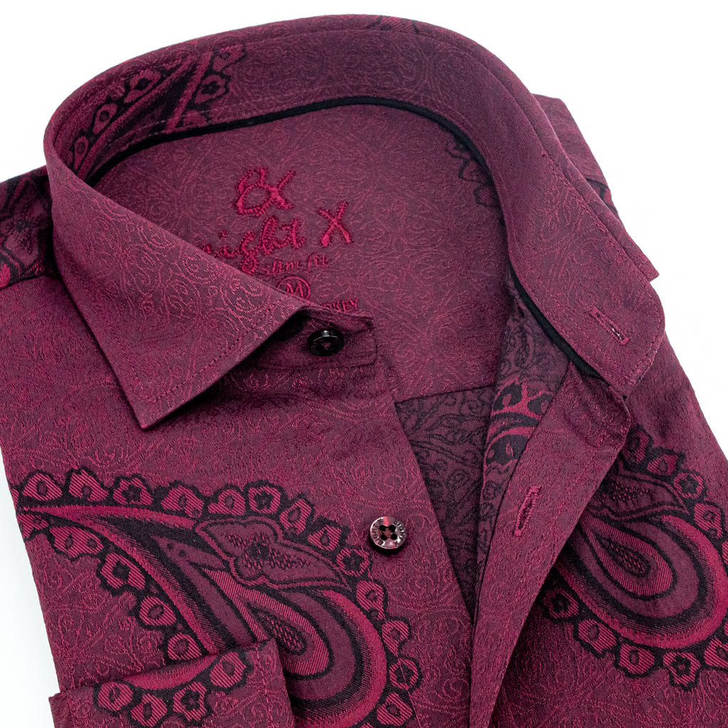 Big Paisley Jacquard Button Down Shirt - Burgundy Long Sleeve Button Down EightX   