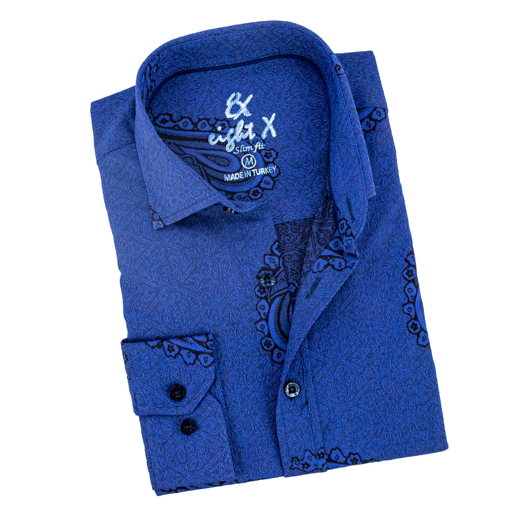 Big Paisley Jacquard Button Down Shirt - Blue Long Sleeve Button Down EightX BLUE S 