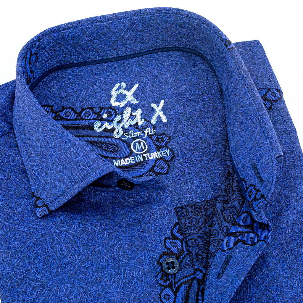 Big Paisley Jacquard Button Down Shirt - Blue Long Sleeve Button Down EightX   