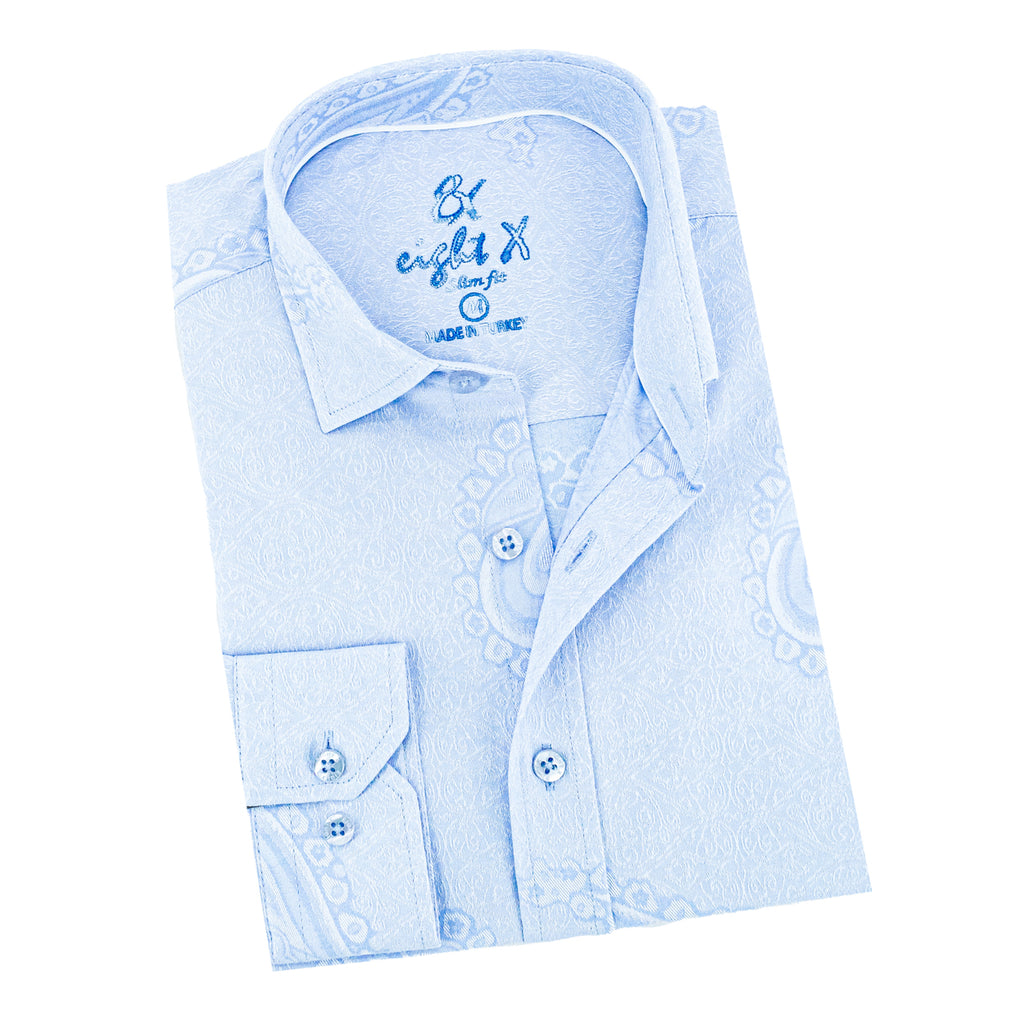 Big Paisley Jacquard Button Down Shirt - Light Blue Long Sleeve Button Down EightX BLUE S 