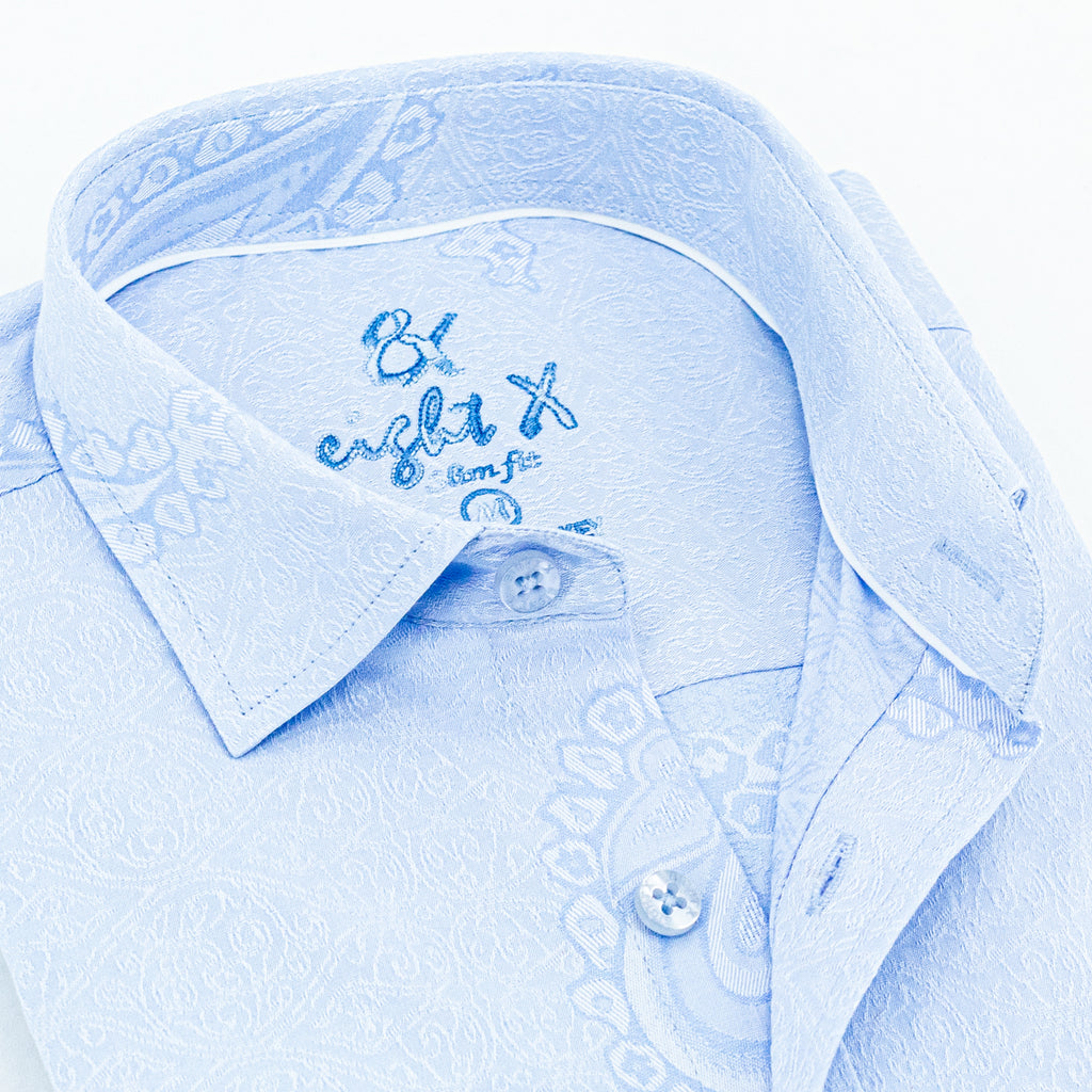 Big Paisley Jacquard Button Down Shirt - Light Blue Long Sleeve Button Down EightX   