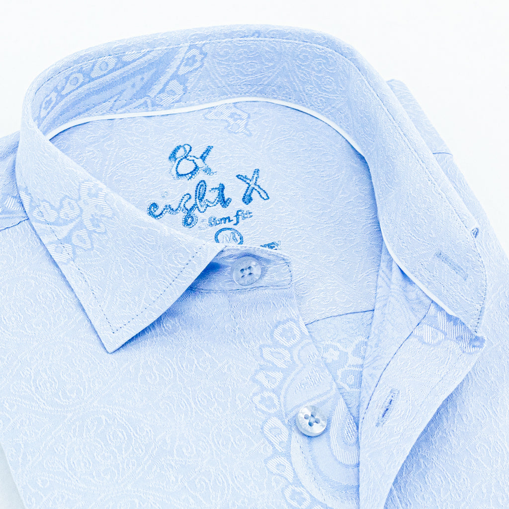 Big Paisley Jacquard Button Down Shirt - Light Blue Long Sleeve Button Down EightX   