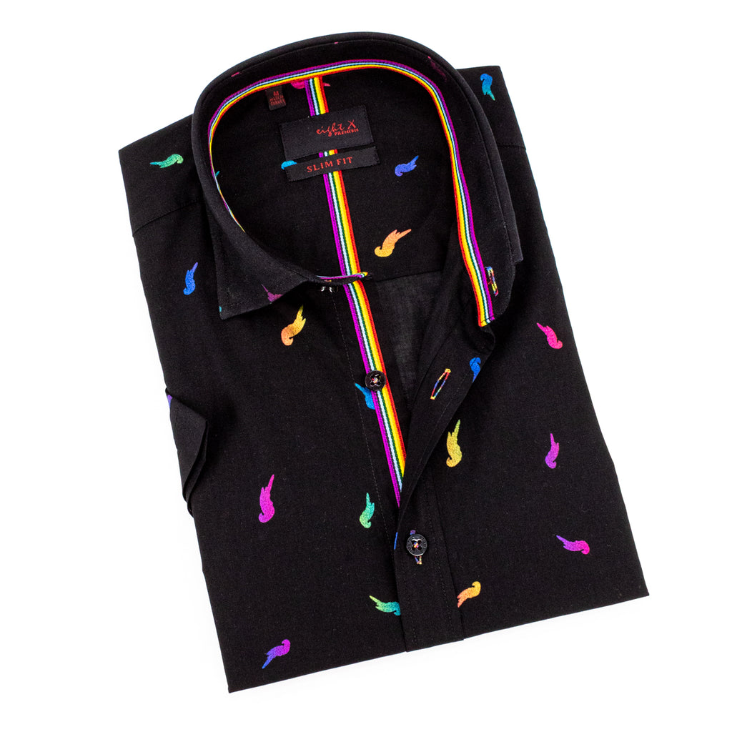 Black button down short sleeve shirt with colorful parrot printed design and rainbow stitching in the collar and down the middle of the shirt