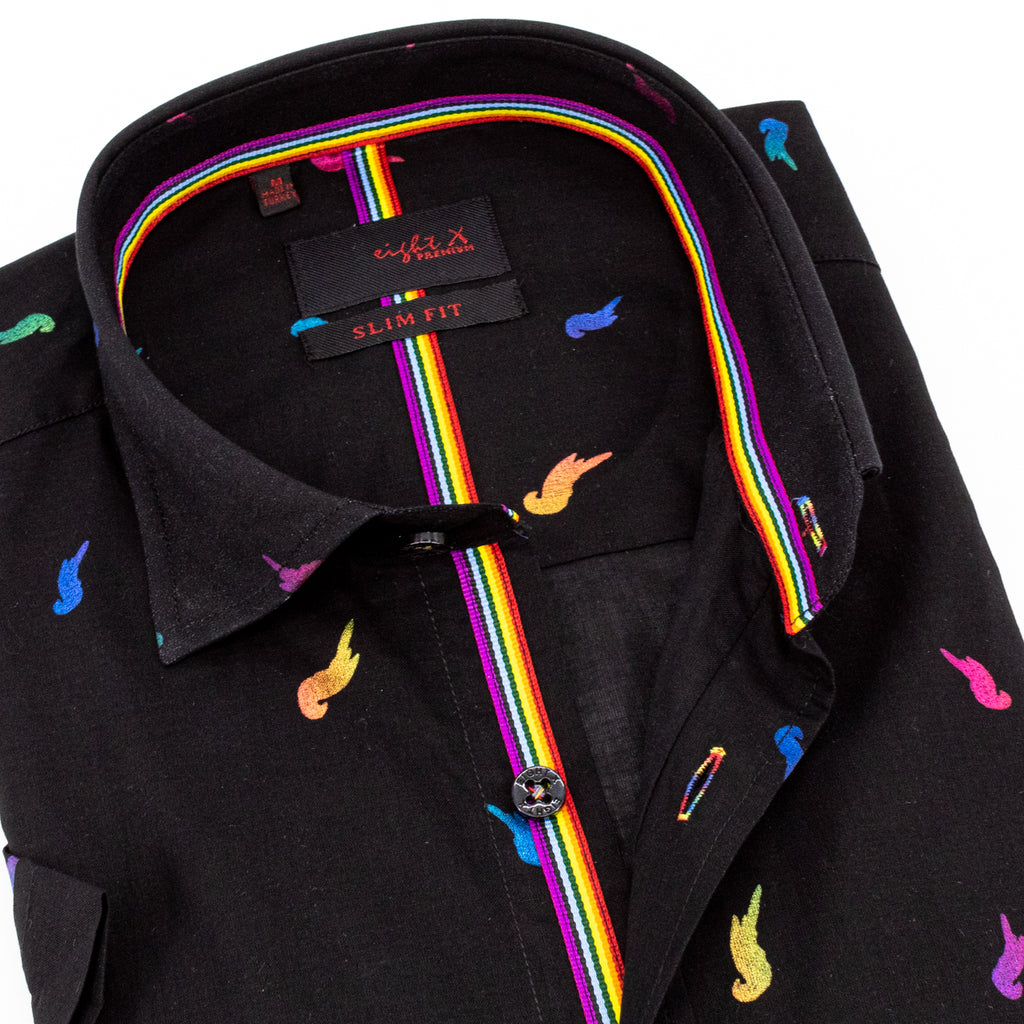 Close-up navy button down short sleeve shirt with colorful parrot printed design and rainbow stitching in the collar and down the middle of the shirt