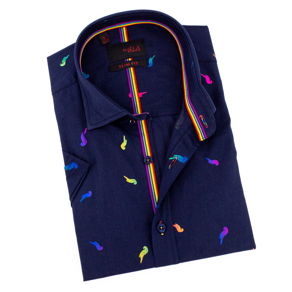 Navy button down short sleeve shirt with colorful parrot printed design and rainbow stitching in the collar and down the middle of the shirt