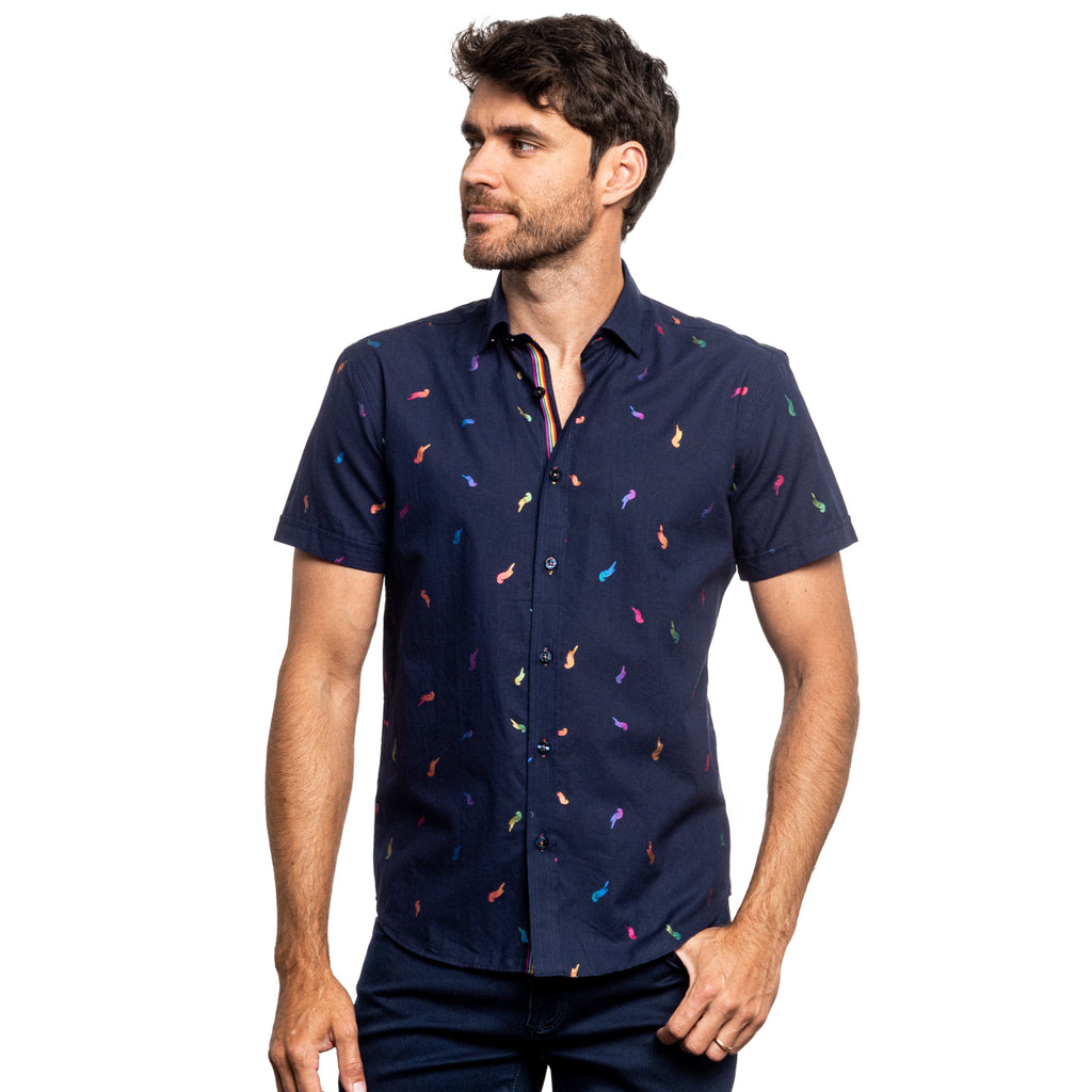 Parrot Punch Foil Short Sleeve Shirt - Navy Short Sleeve Button Down Eight-X   