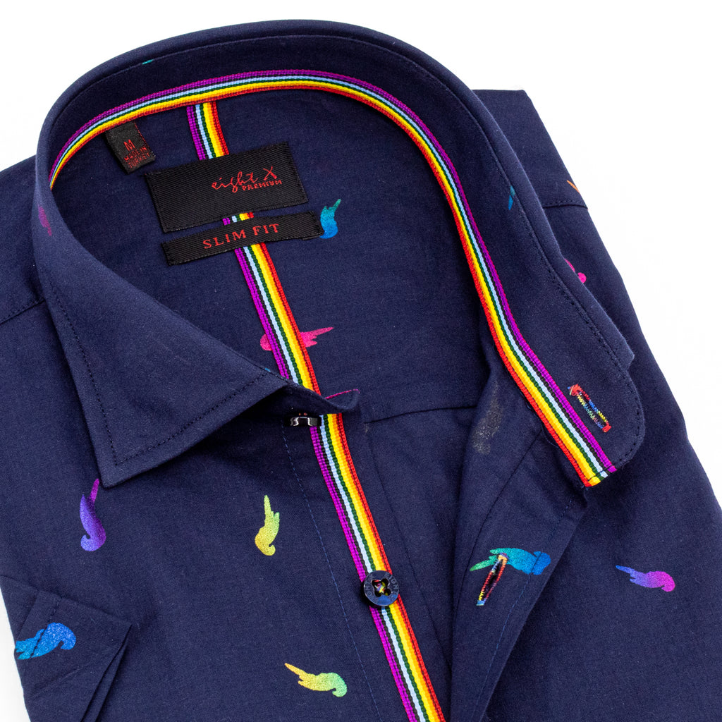 Close-up of navy button down short sleeve shirt with colorful parrot printed design and rainbow stitching in the collar and down the middle of the shirt