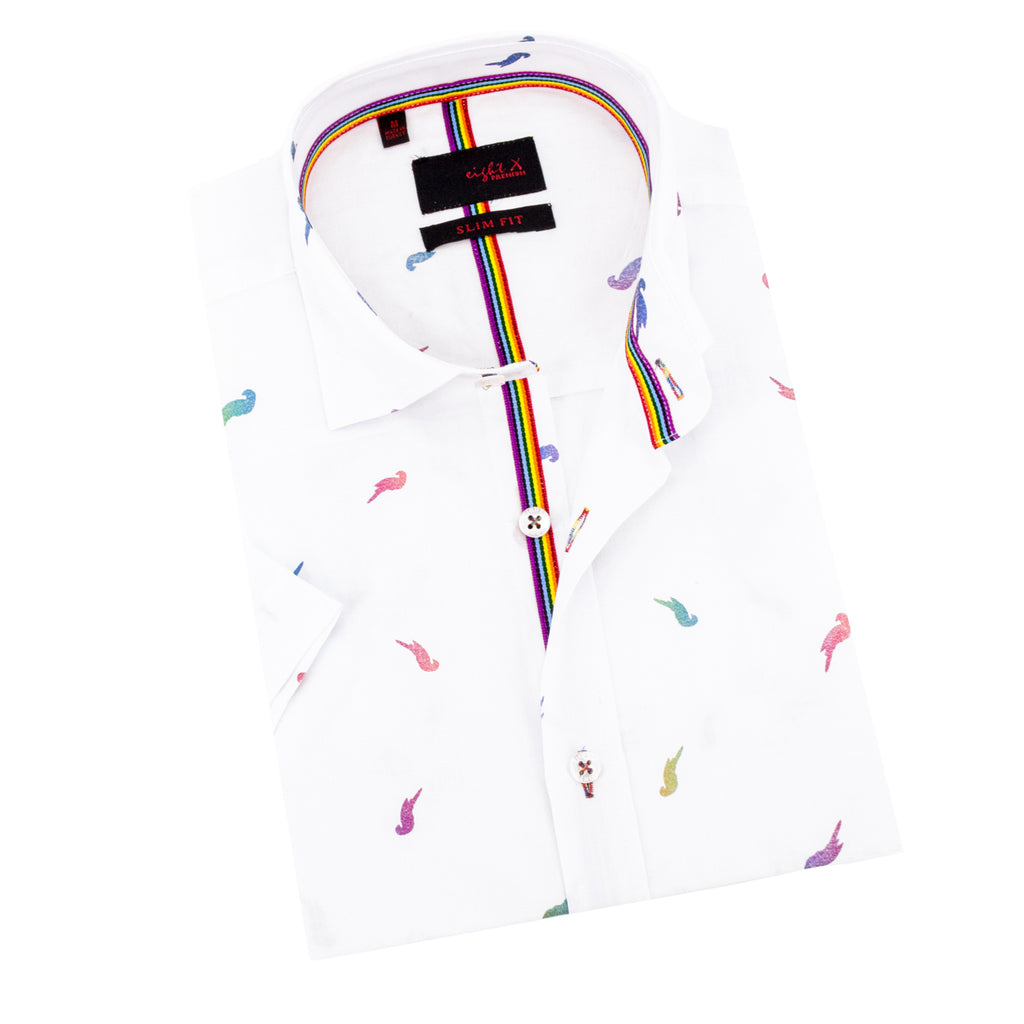 Parrot Punch Foil Short Sleeve Shirt - White Short Sleeve Button Down Eight-X WHITE S 