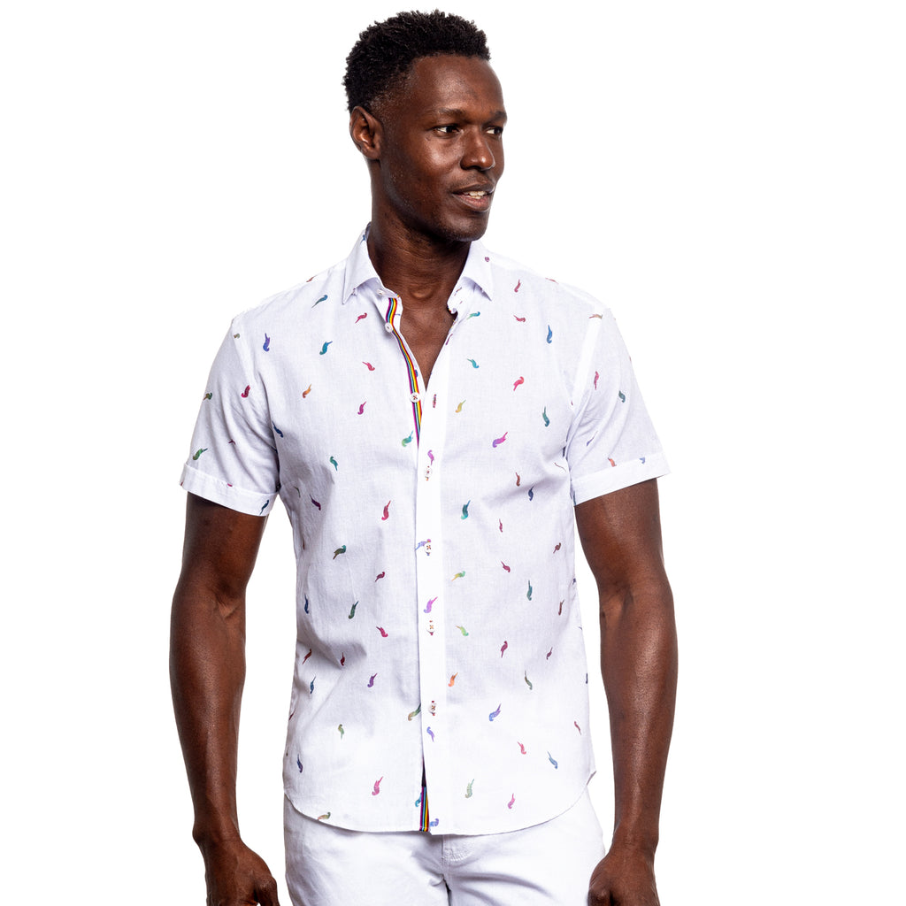 Parrot Punch Foil Short Sleeve Shirt - White Short Sleeve Button Down Eight-X   