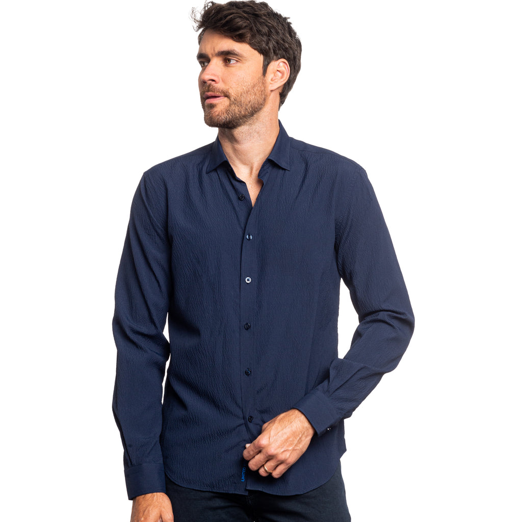 Seersucker Solid Button Down Shirt - Navy Long Sleeve Button Down EightX   