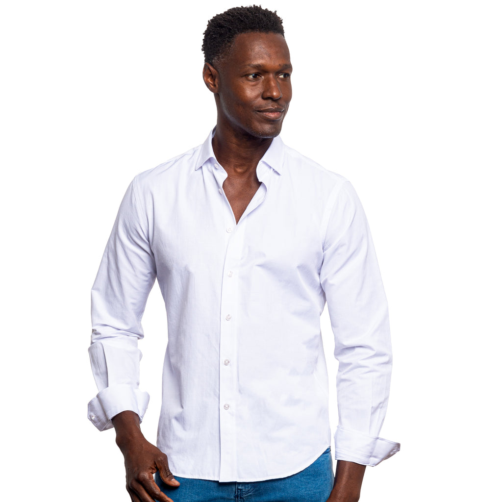 Jacquard Button Down Shirt - White Long Sleeve Button Down EightX   