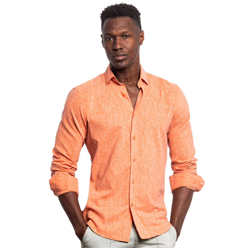 Looks Like Linen Button Down Shirt - Orange Long Sleeve Button Down Eight-X   