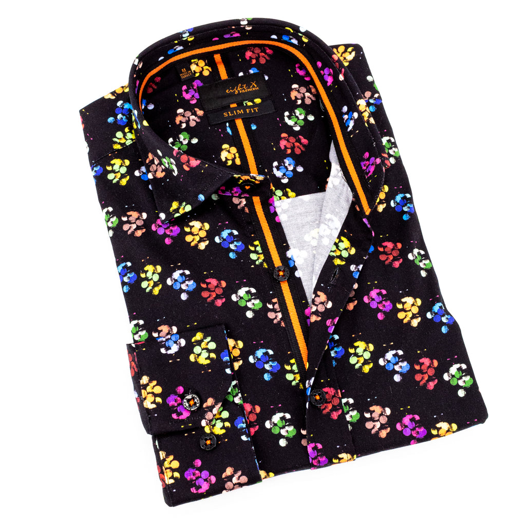 Black button down shirt with colorful clusters of dots and an orange trim