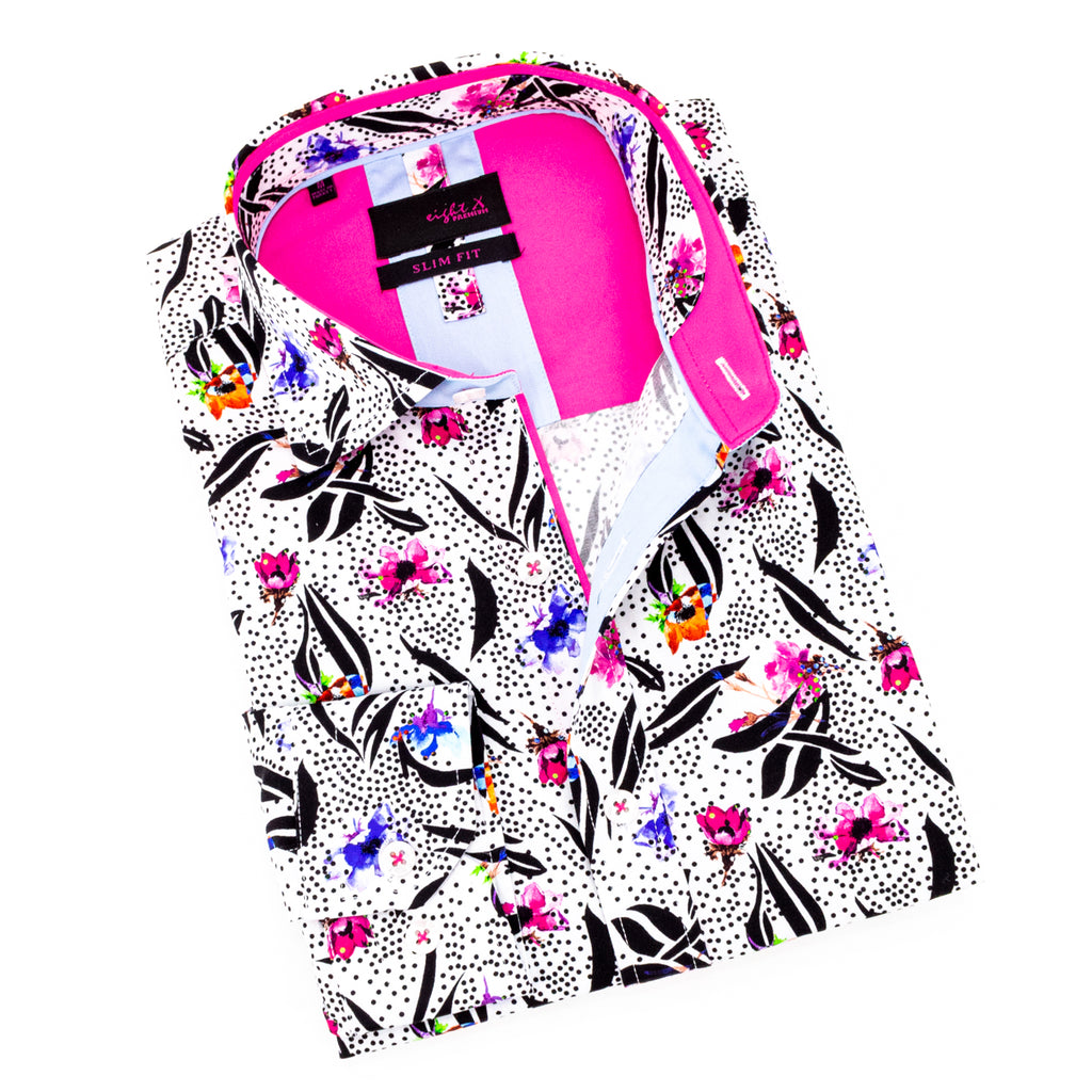 Colorful floral print button down shirt with a white base and pink lining