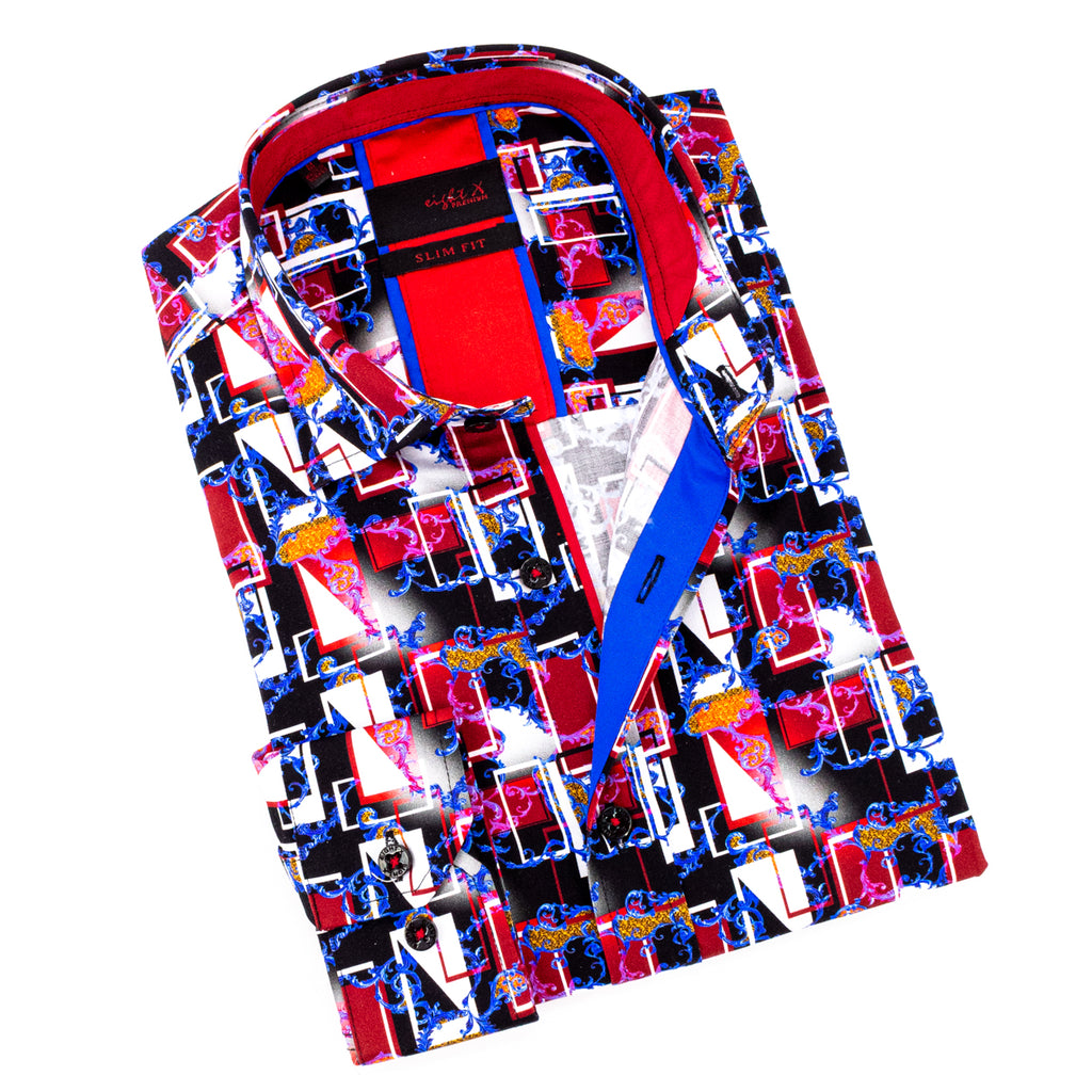 Multi-colored button down shirt with geometric print and blue/gold vine design sprawled across