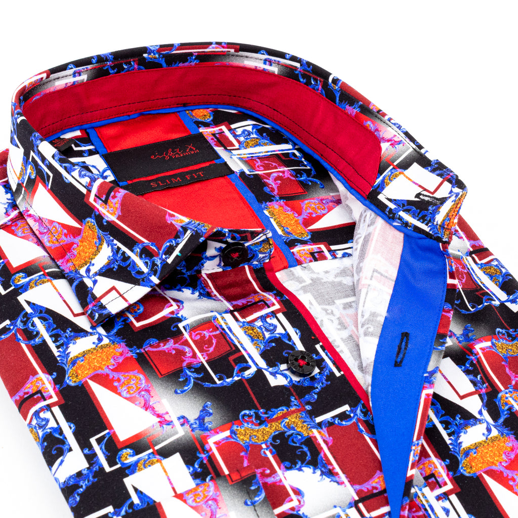 Close-up of multi-colored button down shirt with geometric print showcasing the red trim inside the collar