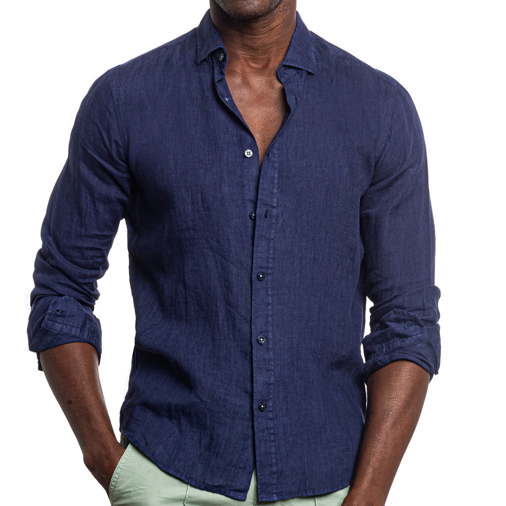 Linen Button Down Shirt - Navy Long Sleeve Button Down Eight-X   