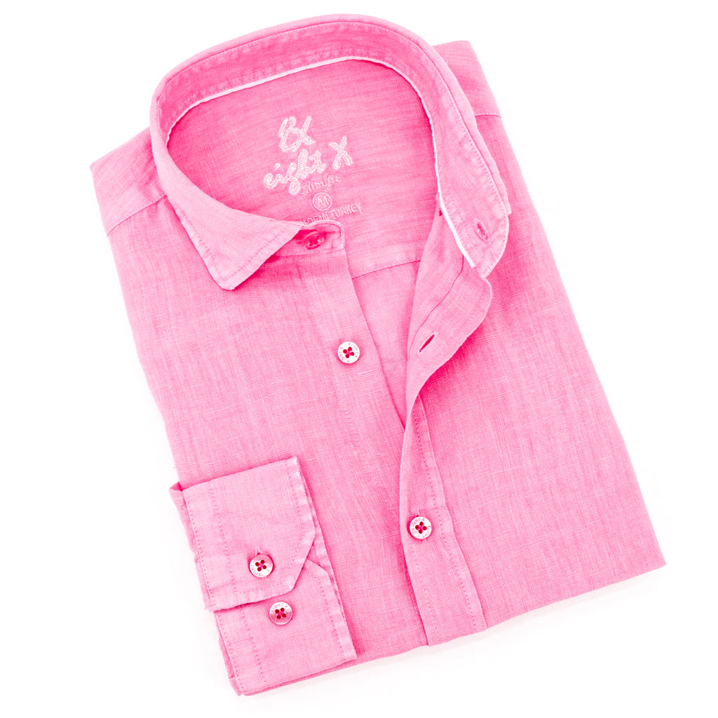 Linen Button Down Shirt - Pink Long Sleeve Button Down Eight-X PINK S 