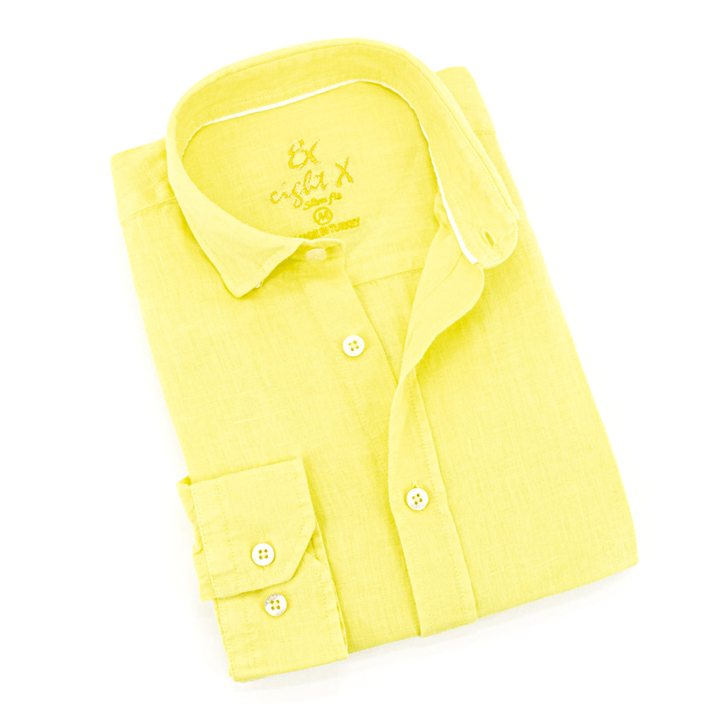 Linen Button Down Shirt - Yellow Long Sleeve Button Down Eight-X YELLOW S 