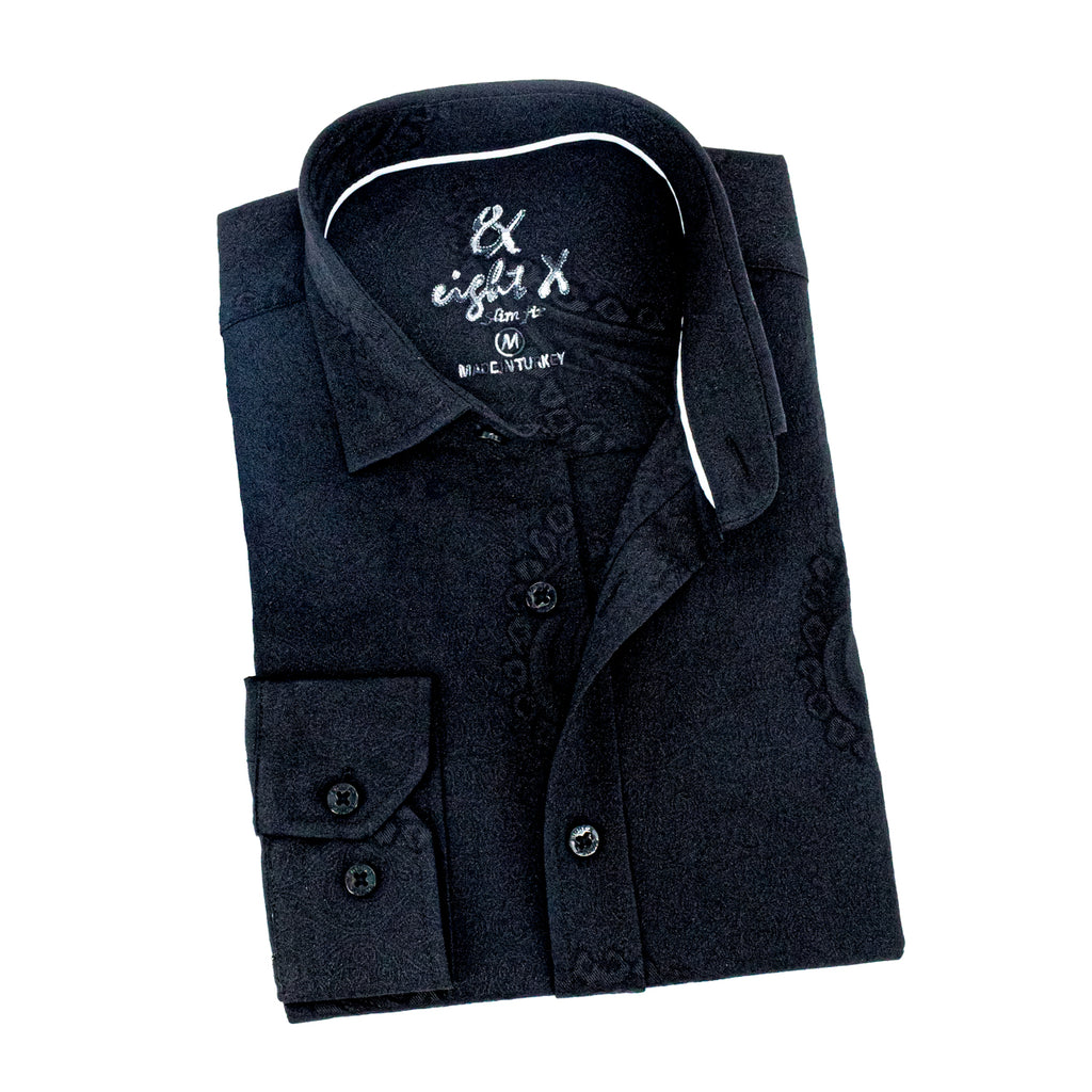 Big Paisley Jacquard Button Down Shirt - Black Long Sleeve Button Down EightX BLACK S 