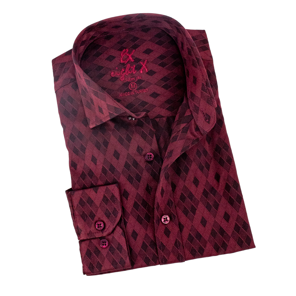 Argyle Jacquard Button Down Shirt - Burgundy Long Sleeve Button Down EightX RED S 