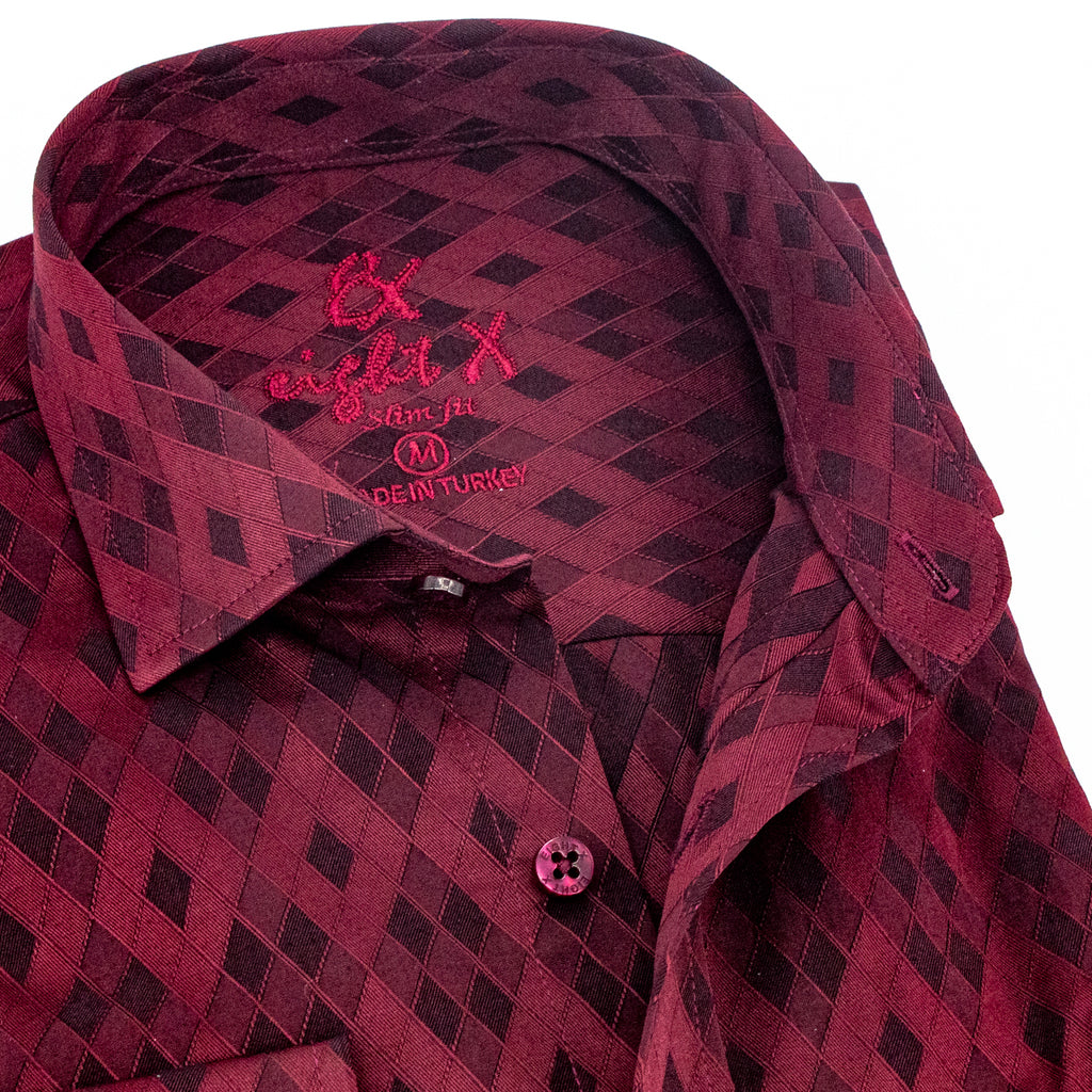 Argyle Jacquard Button Down Shirt - Burgundy Long Sleeve Button Down EightX   