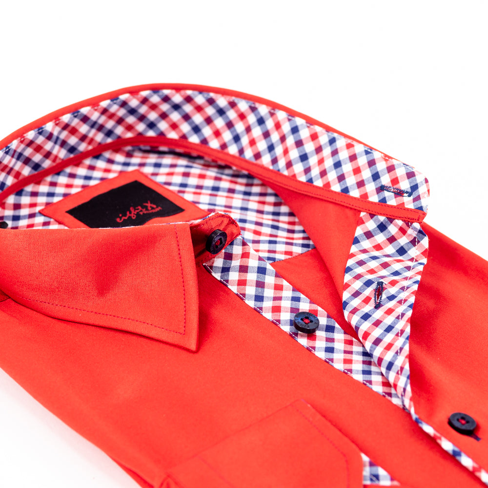 Red Button Down Shirt With Plaid Trim Long Sleeve Button Down EightX   