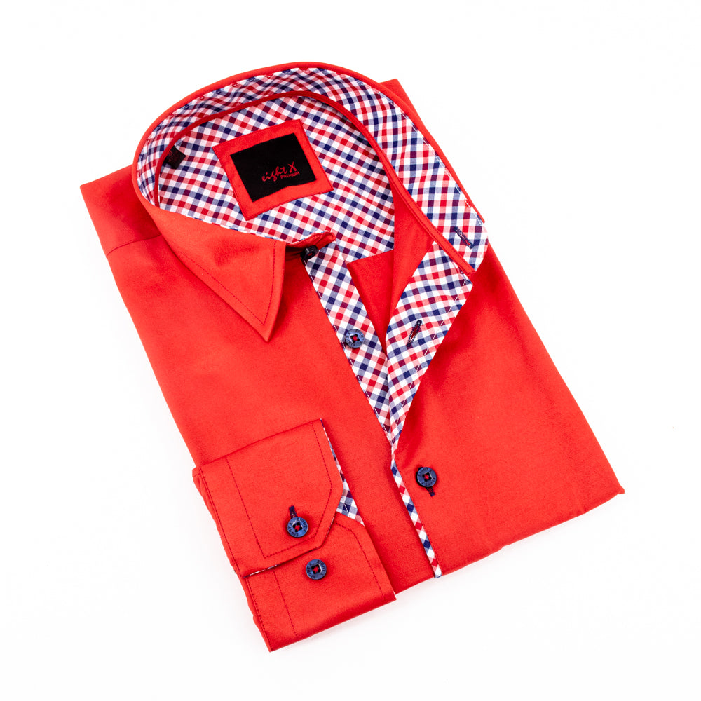 Red Button Down Shirt With Plaid Trim Long Sleeve Button Down EightX   