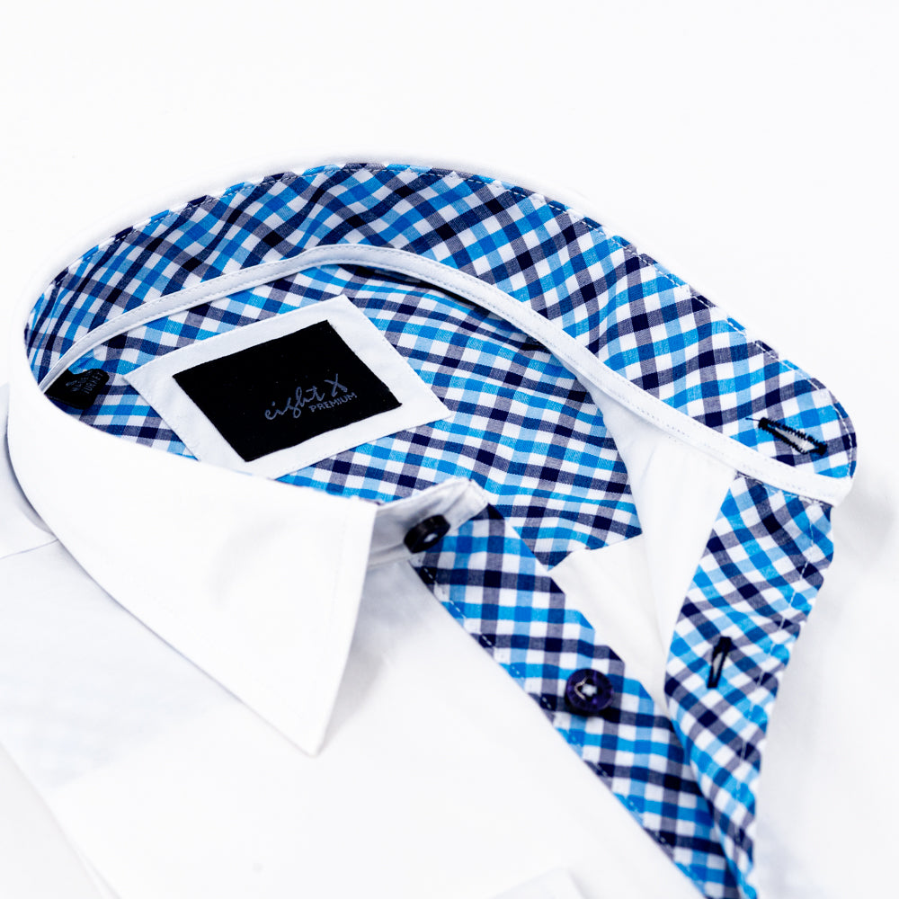 White Button Down Shirt W/Blue Plaid Trim Long Sleeve Button Down EightX   