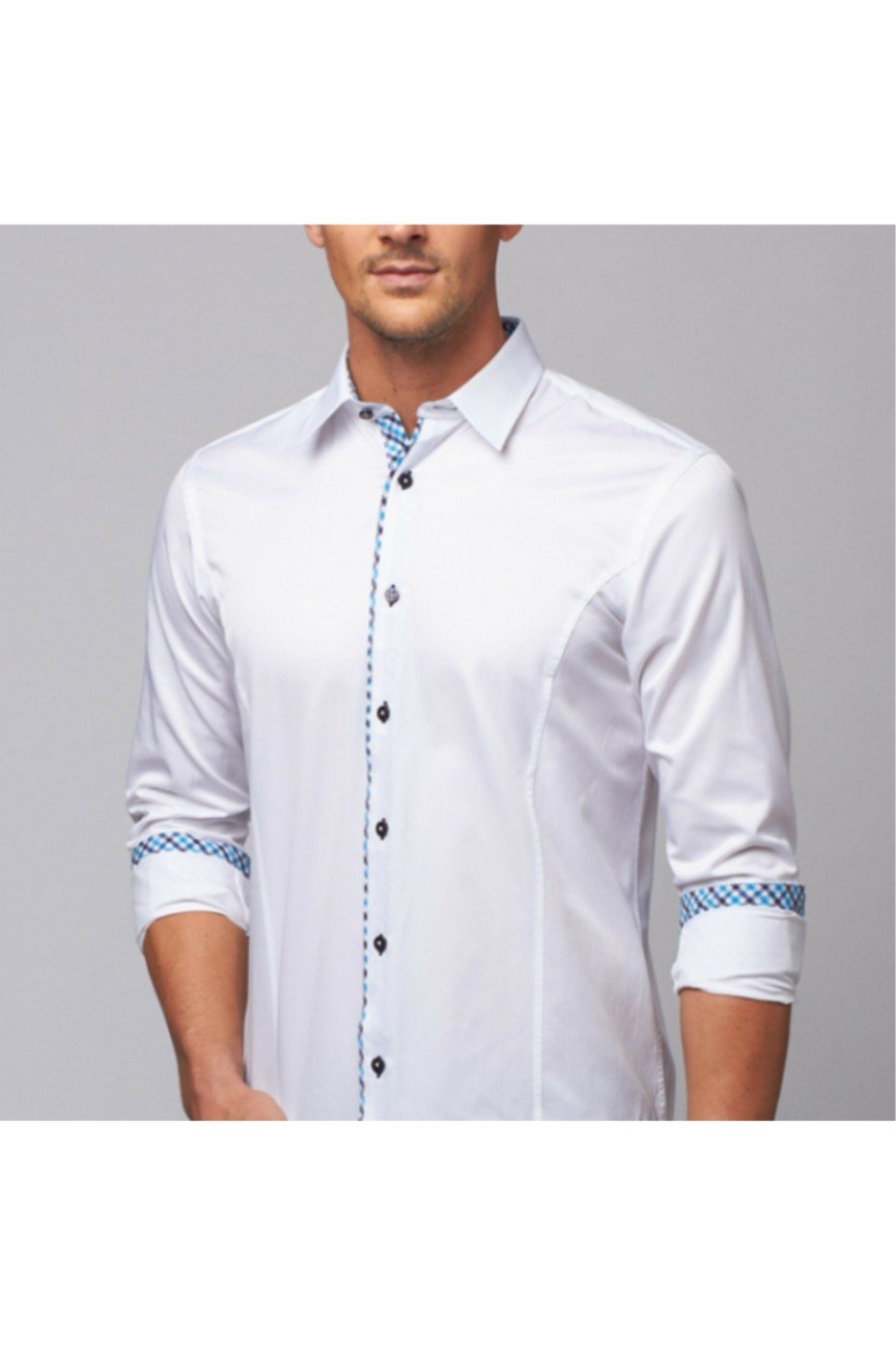 Camisa con botones y ribete cuadros azules – Eight-X