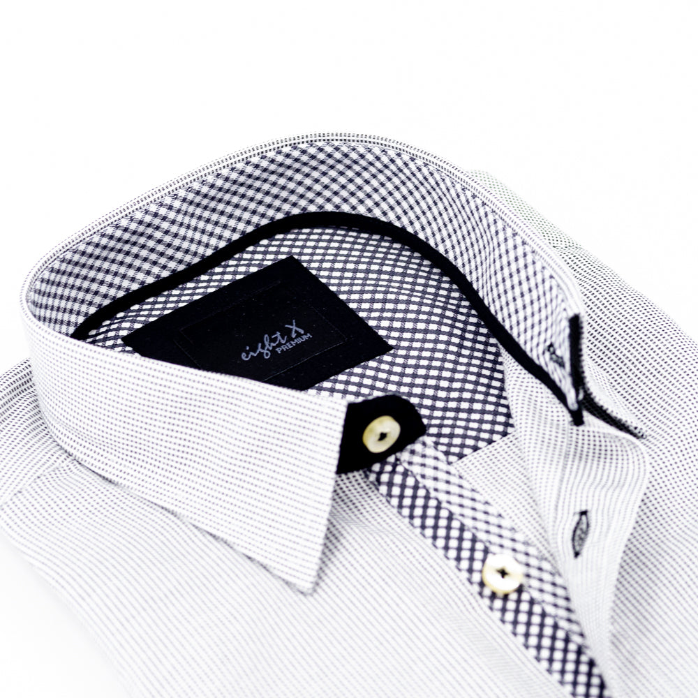 Grey Button Down Jacquard Shirt W/Checkered Trim Long Sleeve Button Down EightX   