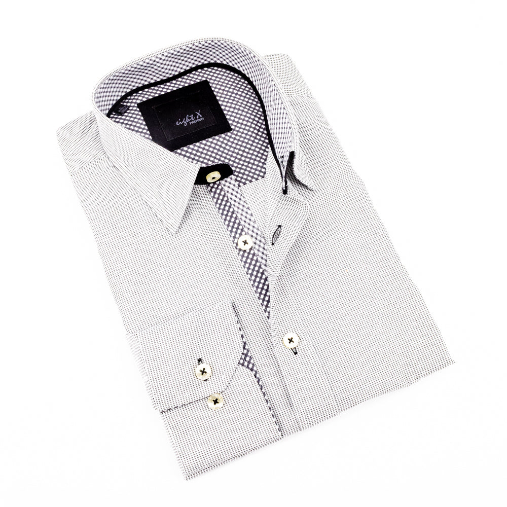 Grey Button Down Jacquard Shirt W/Checkered Trim Long Sleeve Button Down EightX   