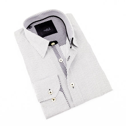 Grey Button Down Jacquard Shirt W/Checkered Trim Long Sleeve Button Down EightX   