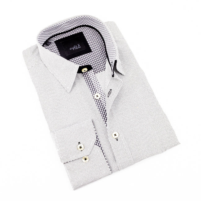 Grey Button Down Jacquard Shirt W/Checkered Trim Long Sleeve Button Down EightX   