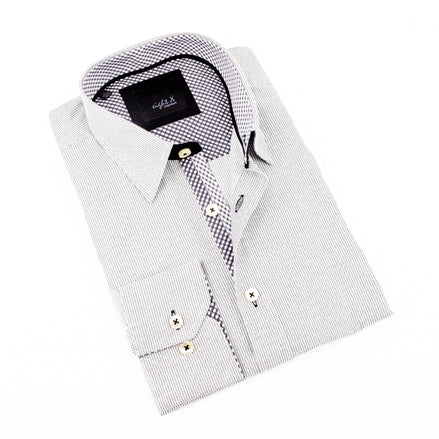 Grey Button Down Jacquard Shirt W/Checkered Trim Long Sleeve Button Down EightX   
