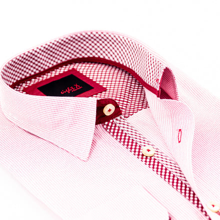 Red Button Down Jacquard Shirt W/ Red Checkered Trim Long Sleeve Button Down EightX   