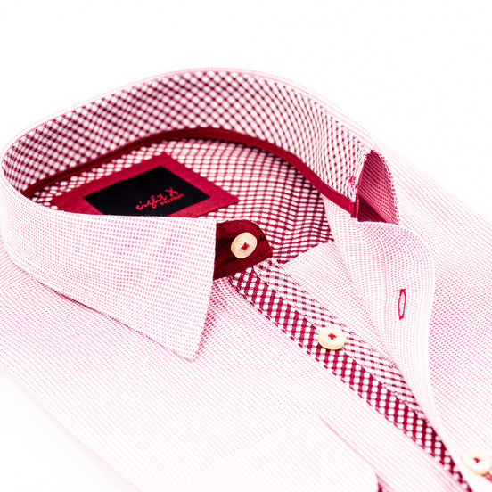 Red Button Down Jacquard Shirt W/ Red Checkered Trim Long Sleeve Button Down EightX   