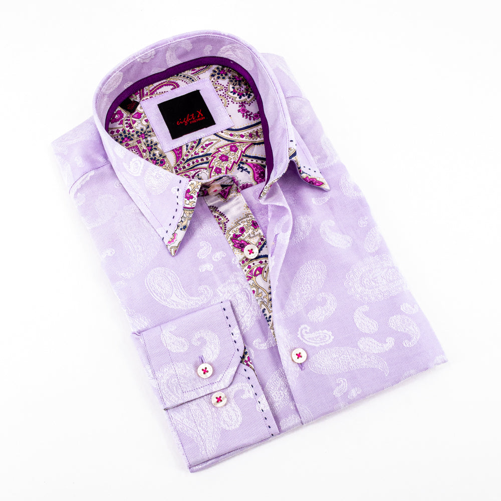 Lilac Button Down Jacquard Shirt W/Paisley Trim Long Sleeve Button Down EightX   