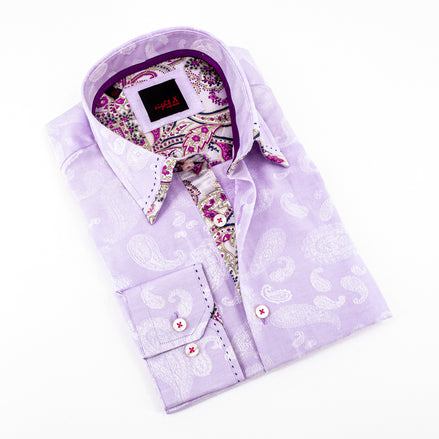 Lilac Button Down Jacquard Shirt W/Paisley Trim Long Sleeve Button Down EightX   