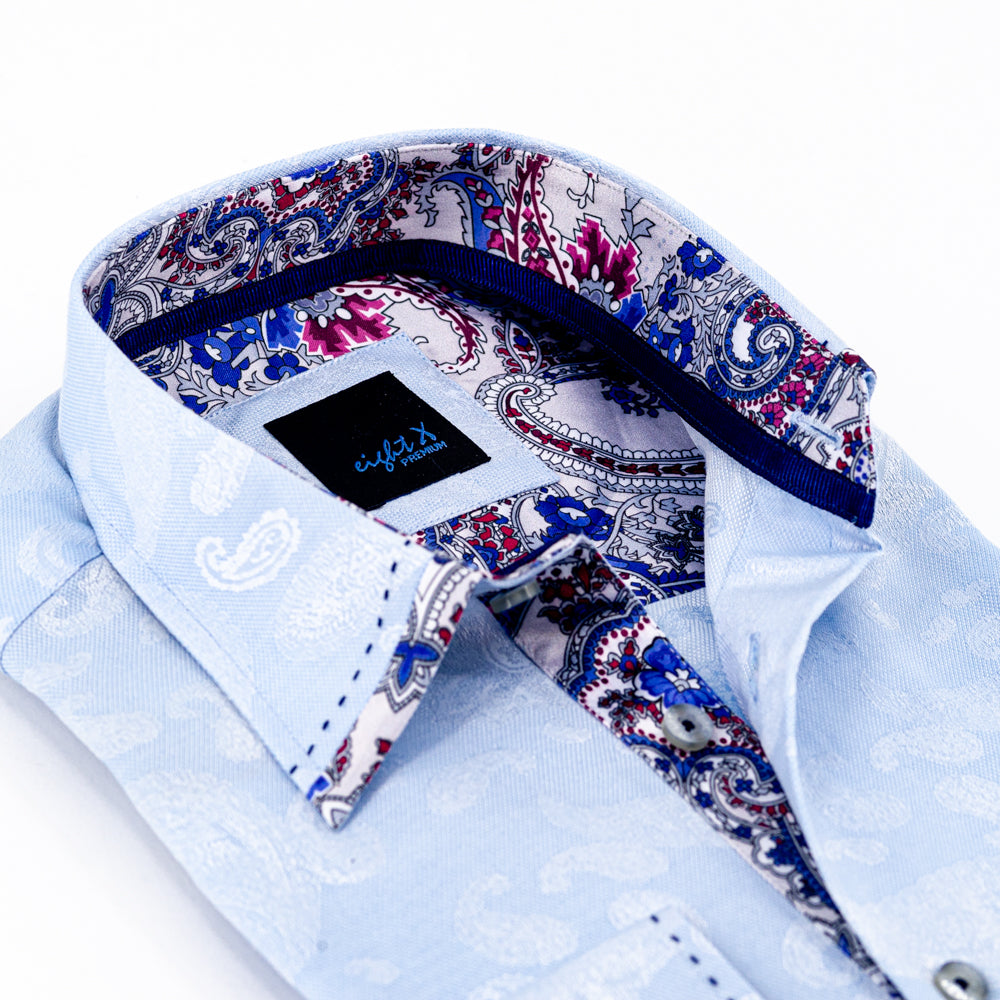 Light Blue Button Down Jacquard Shirt W/Paisley Trim Long Sleeve Button Down EightX   