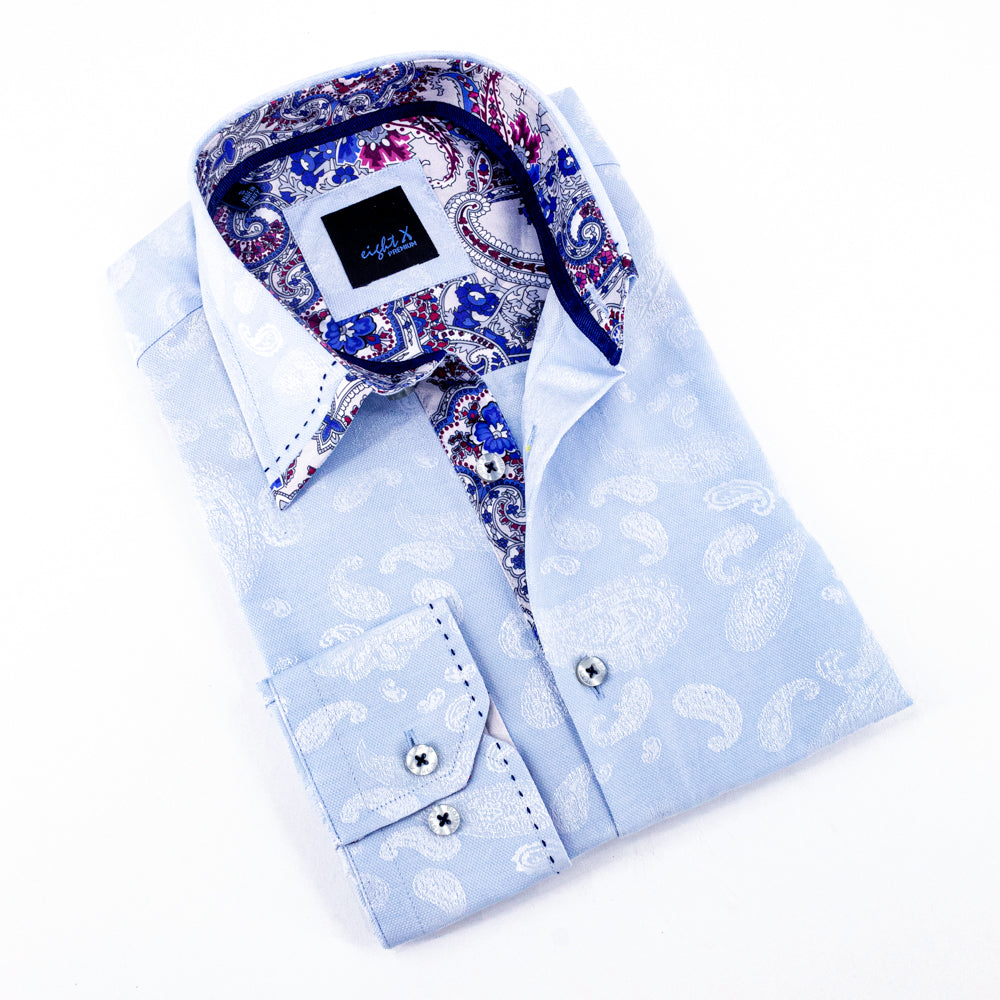 Light Blue Button Down Jacquard Shirt W/Paisley Trim Long Sleeve Button Down EightX   