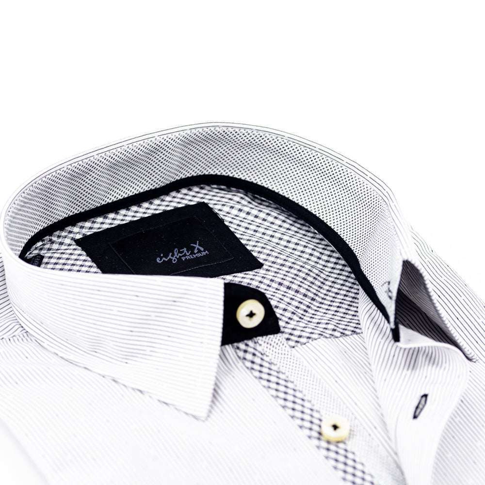 Black Button Down Jacquard Shirt W/Checkered Trim Long Sleeve Button Down EightX   