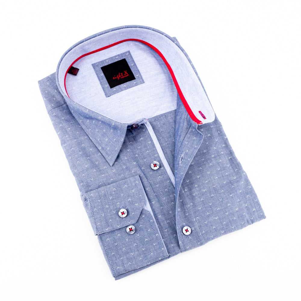 Grey Button Down Jacquard Shirt W/Trim Long Sleeve Button Down EightX   
